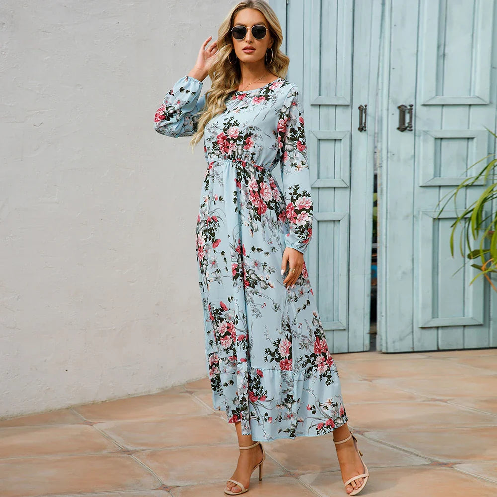 Damen Sommerkleid Bohemian Maxi mit Blumendruck und Hochtaille
