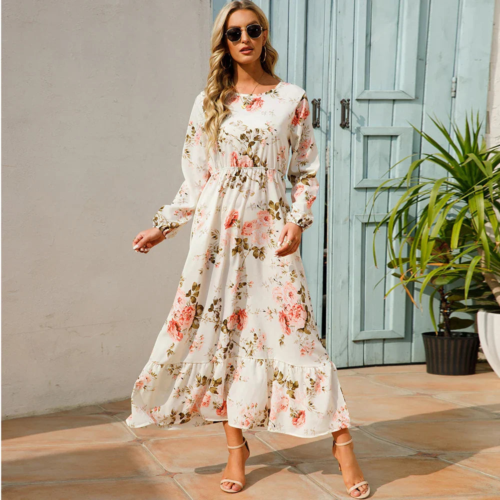 Damen Sommerkleid Bohemian Maxi mit Blumendruck und Hochtaille