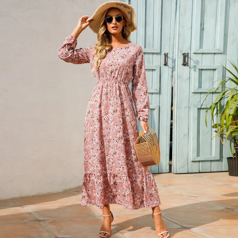 Damen Sommerkleid Bohemian Maxi mit Blumendruck und Hochtaille