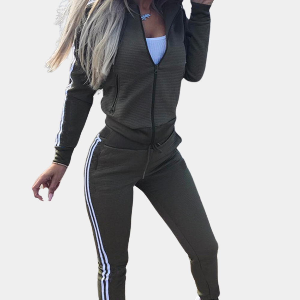 Damen-Sportanzug mit Kapuze und Streifen – Stylisches und bequemes Set für Freizeit und Training1