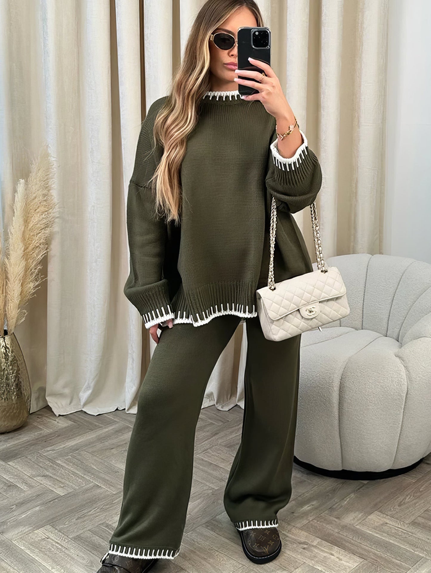 Damen-Strick-Zweiteiler mit weitem Bein – Elegantes und gemütliches Set für Alltag und Freizeit2