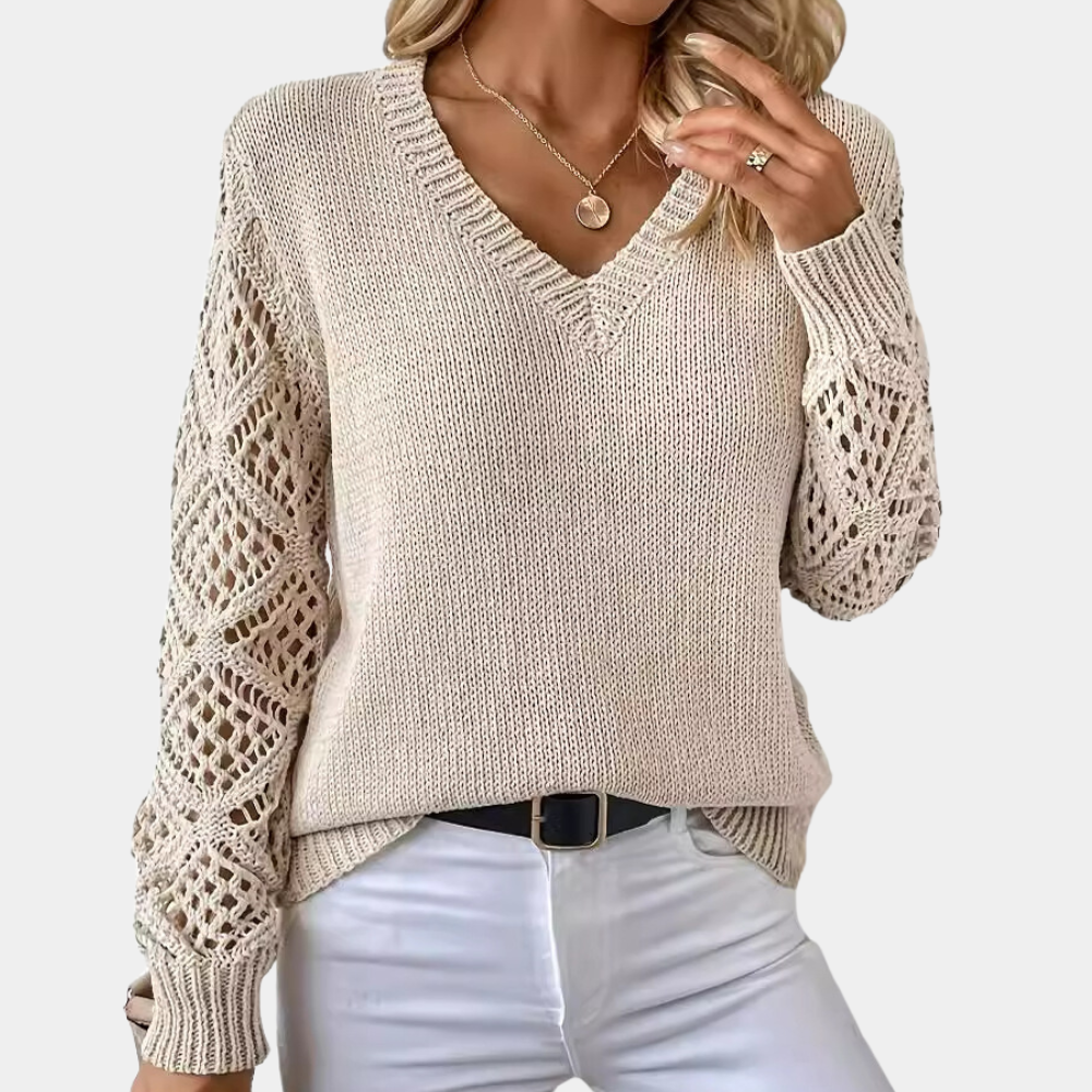 Damen Strickpullover mit V-Ausschnitt & Spitzenärmeln – Eleganz & Komfort