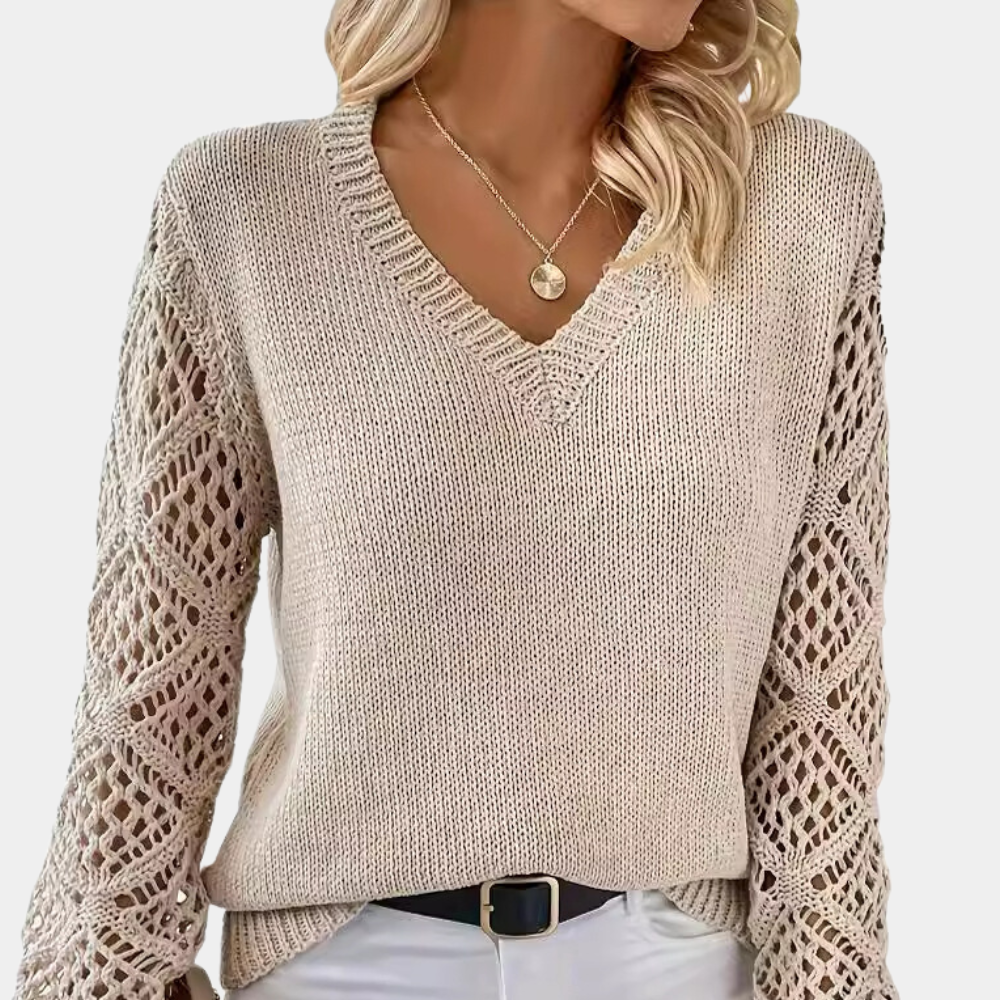 Damen Strickpullover mit V-Ausschnitt & Spitzenärmeln – Eleganz & Komfort