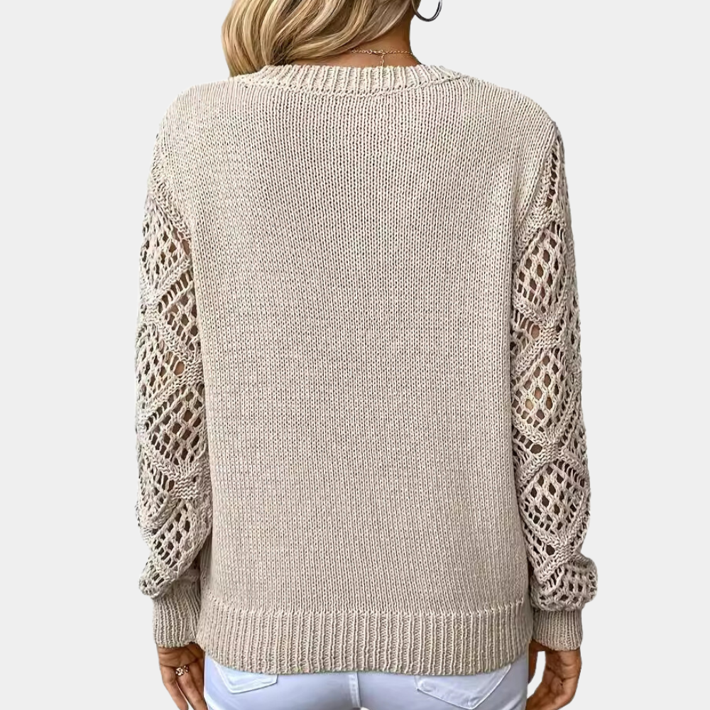 Damen Strickpullover mit V-Ausschnitt & Spitzenärmeln – Eleganz & Komfort