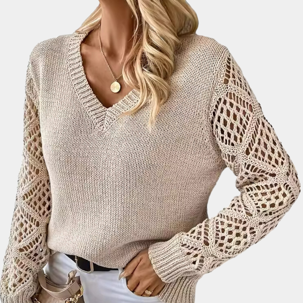 Damen Strickpullover mit V-Ausschnitt & Spitzenärmeln – Eleganz & Komfort