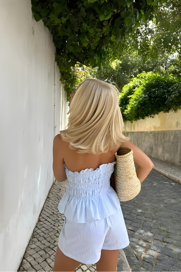Damen Trägerloses Oberteil und Shorts Set für modernen Look, hoch tailliert, atmungsaktiv, vielseitig, ideal für Sommerveranstaltungen