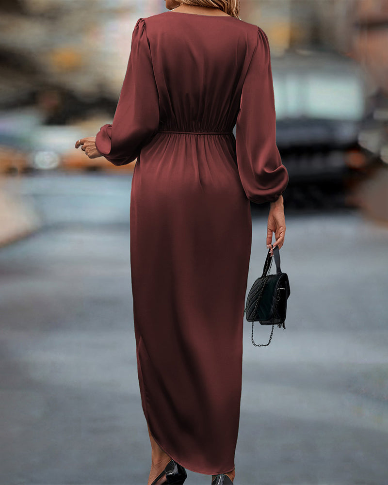 Damen Wickel-Midikleid – Langärmeliges Elegantes Abendkleid1
