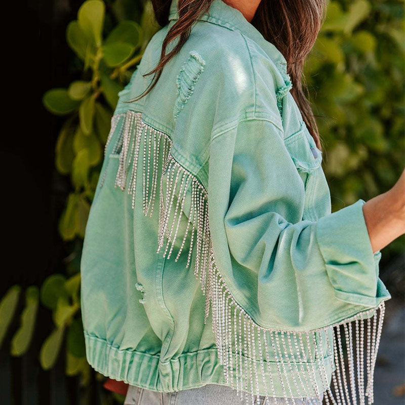 Jeansjacke für Damen mit Fransen und Glitzerdetails