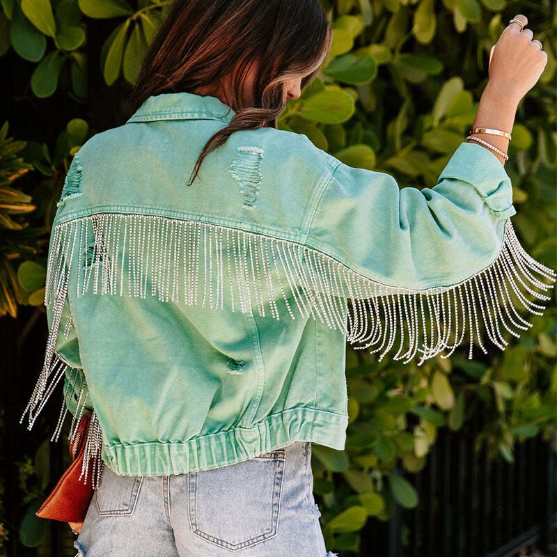 Jeansjacke für Damen mit Fransen und Glitzerdetails