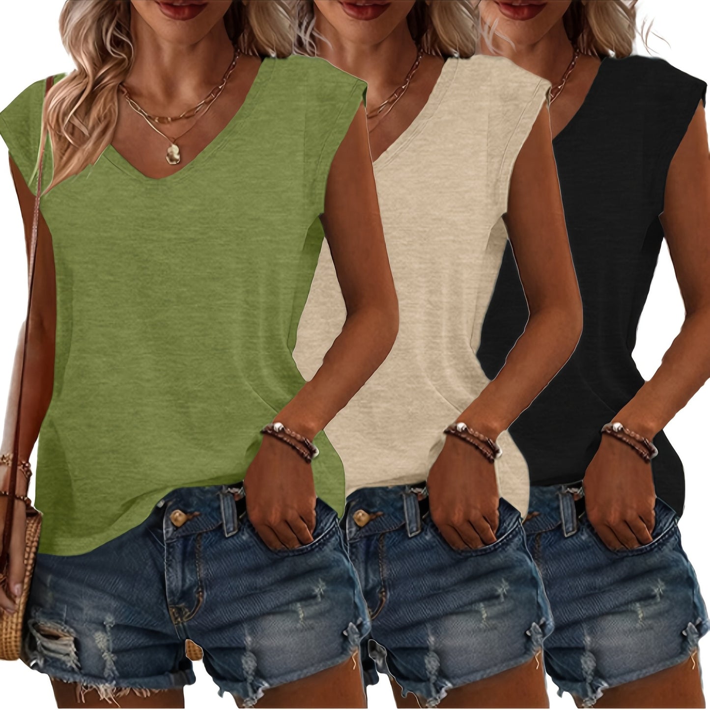 T-Shirt Damen | Lässige Sommermode mit V-Ausschnitt im 3er-Pack | Monika