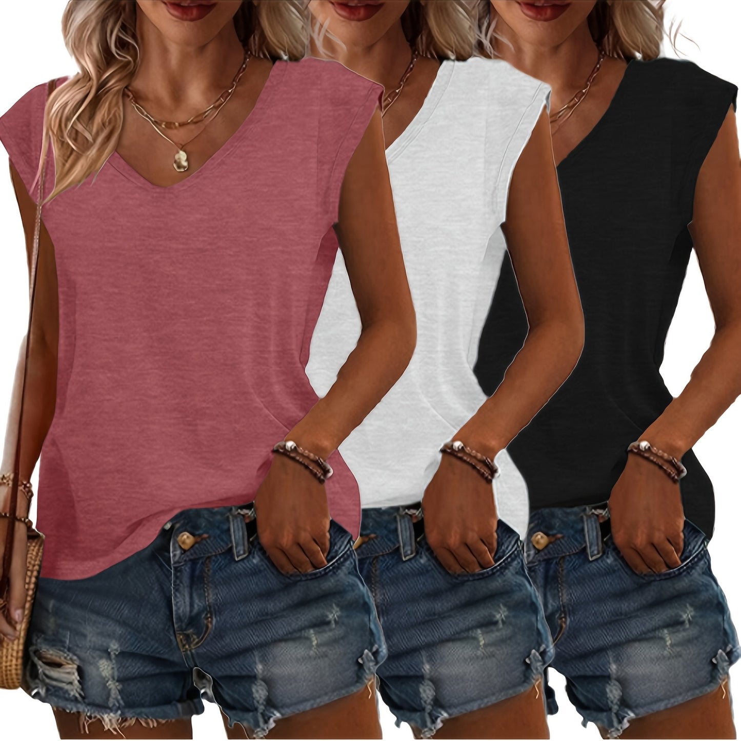 T-Shirt Damen | Lässige Sommermode mit V-Ausschnitt im 3er-Pack | Monika