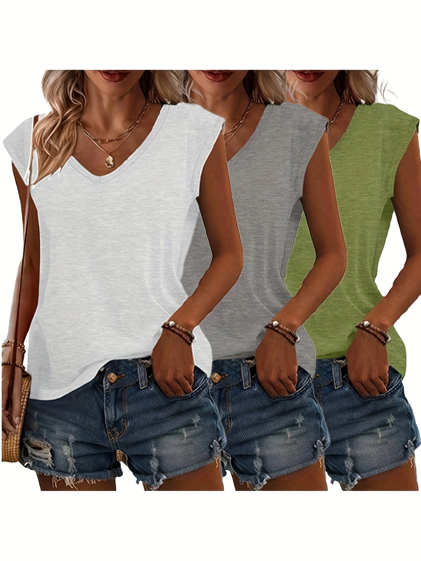 T-Shirt Damen | Lässige Sommermode mit V-Ausschnitt im 3er-Pack | Monika