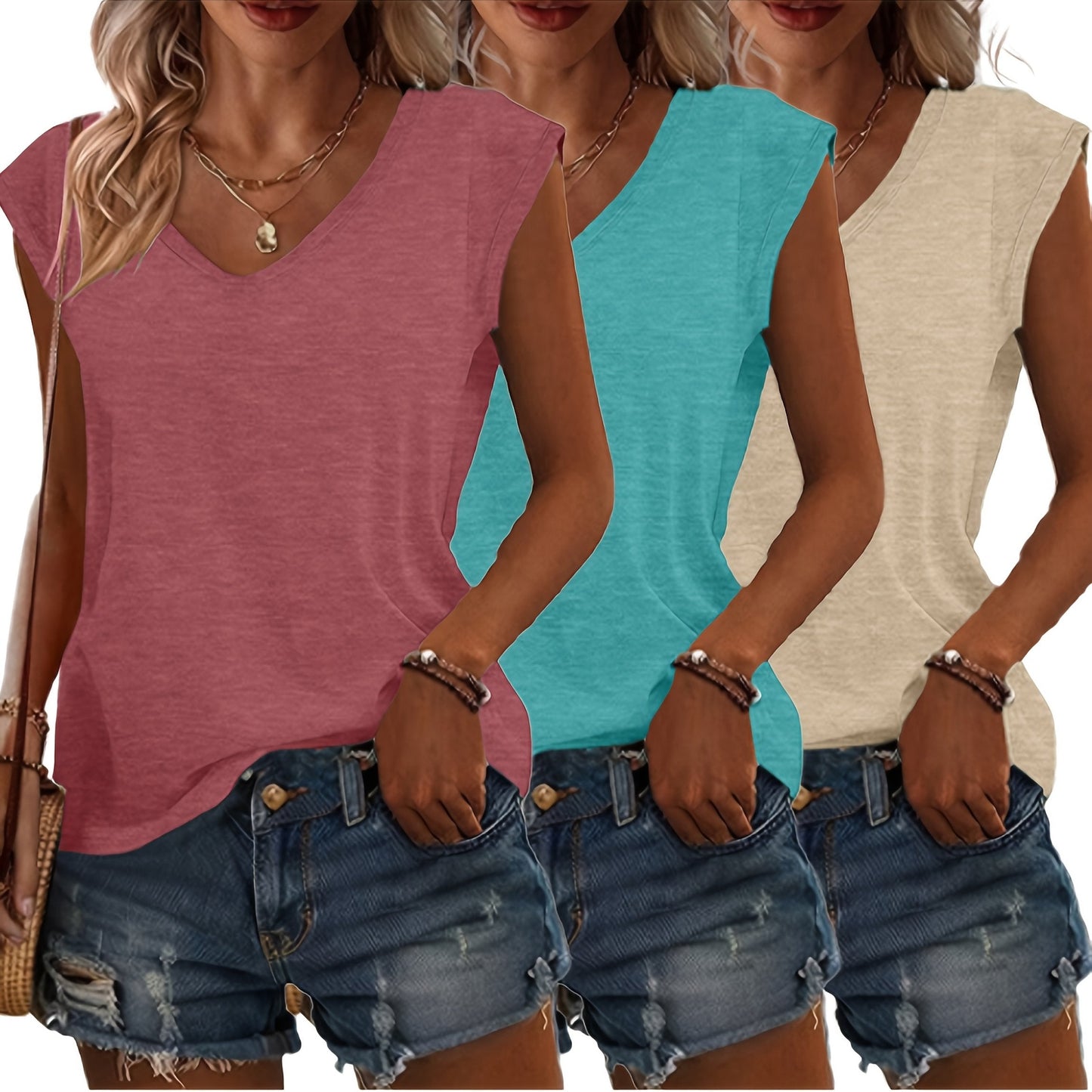 T-Shirt Damen | Lässige Sommermode mit V-Ausschnitt im 3er-Pack | Monika