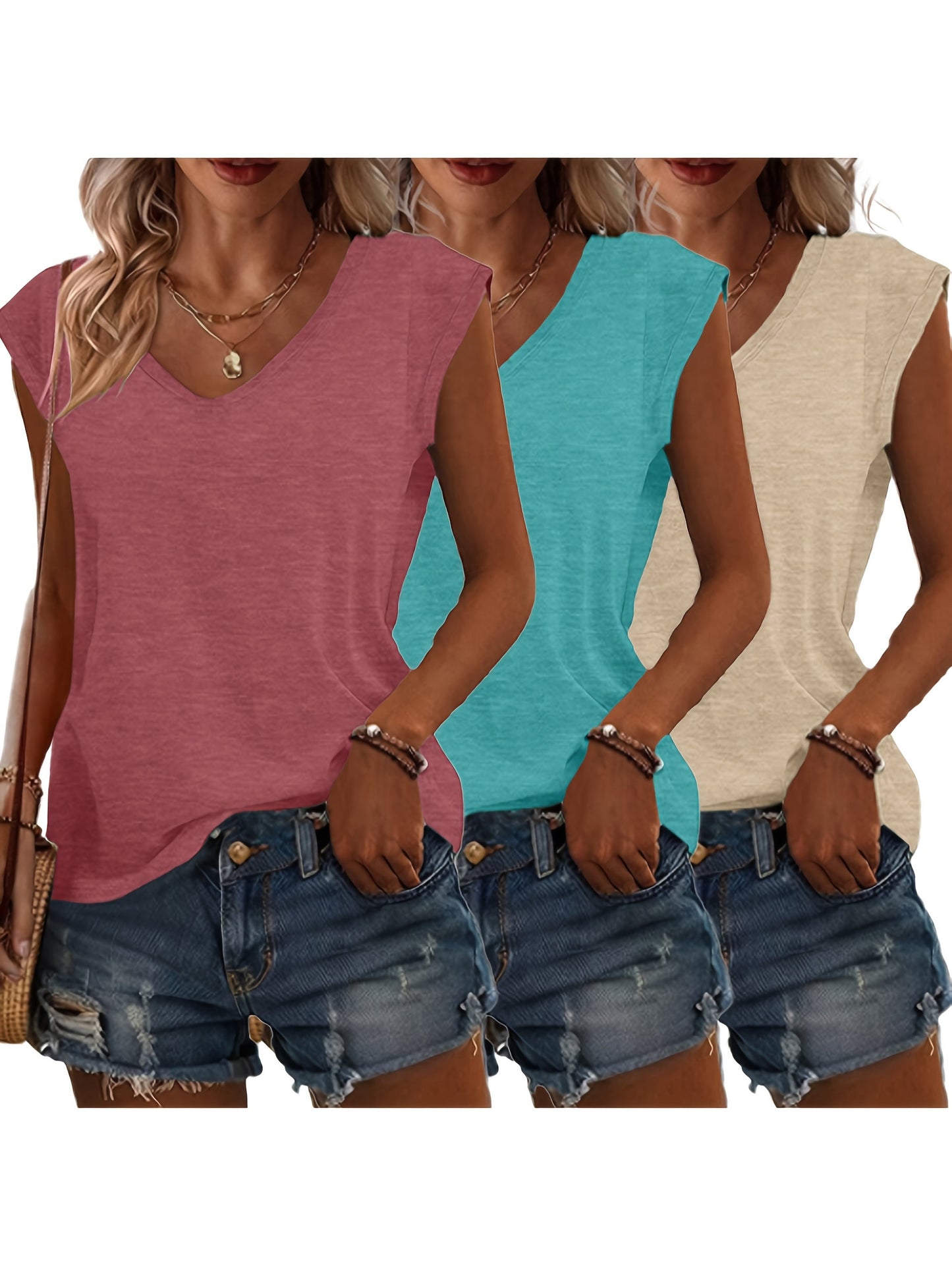 T-Shirt Damen | Lässige Sommermode mit V-Ausschnitt im 3er-Pack | Monika