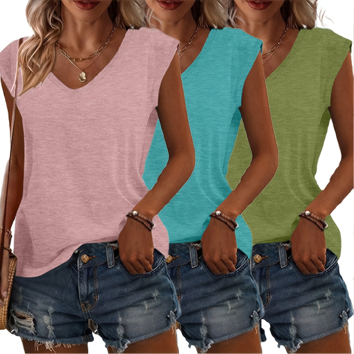 T-Shirt Damen | Lässige Sommermode mit V-Ausschnitt im 3er-Pack | Monika