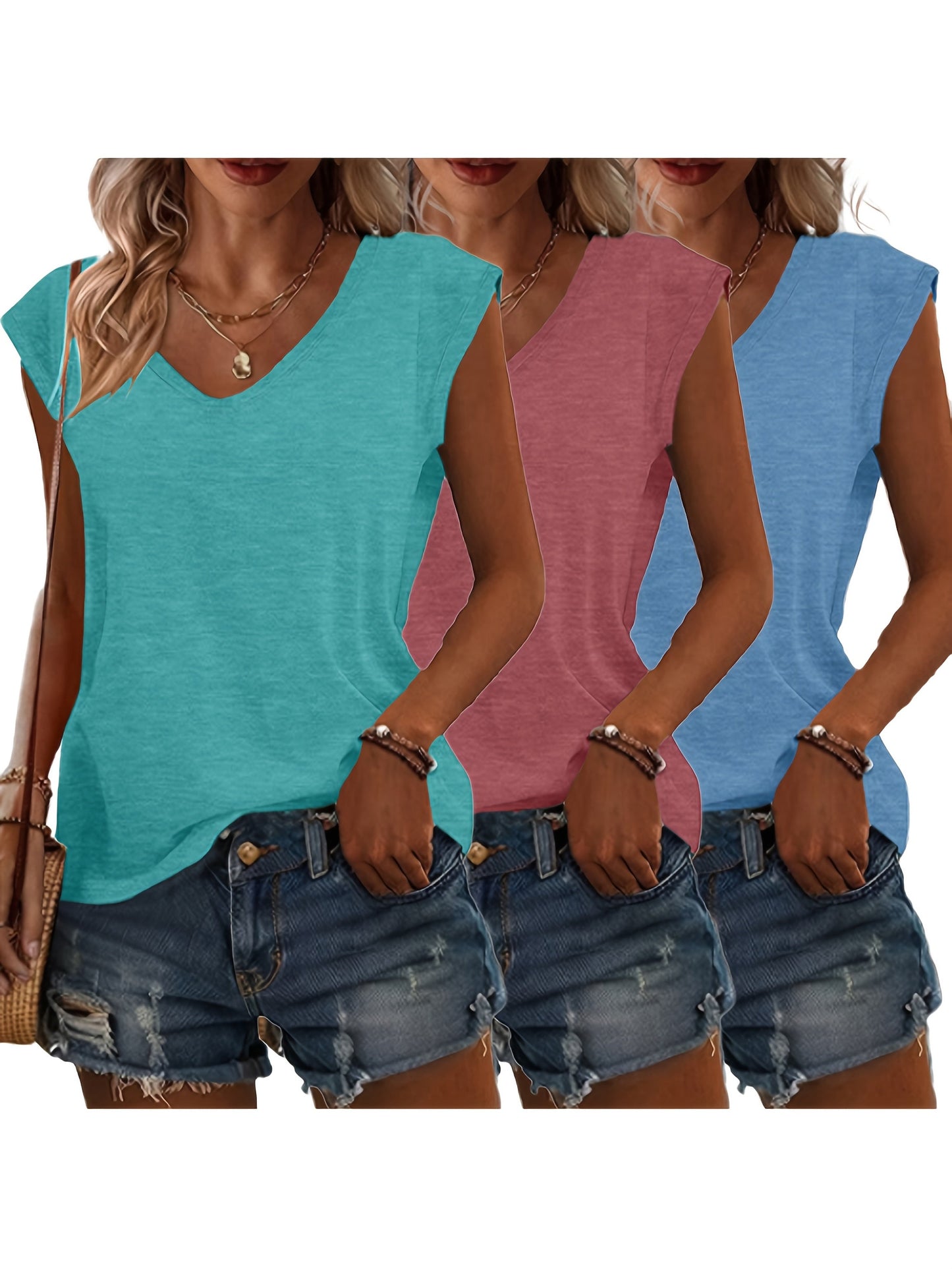T-Shirt Damen | Lässige Sommermode mit V-Ausschnitt im 3er-Pack | Monika