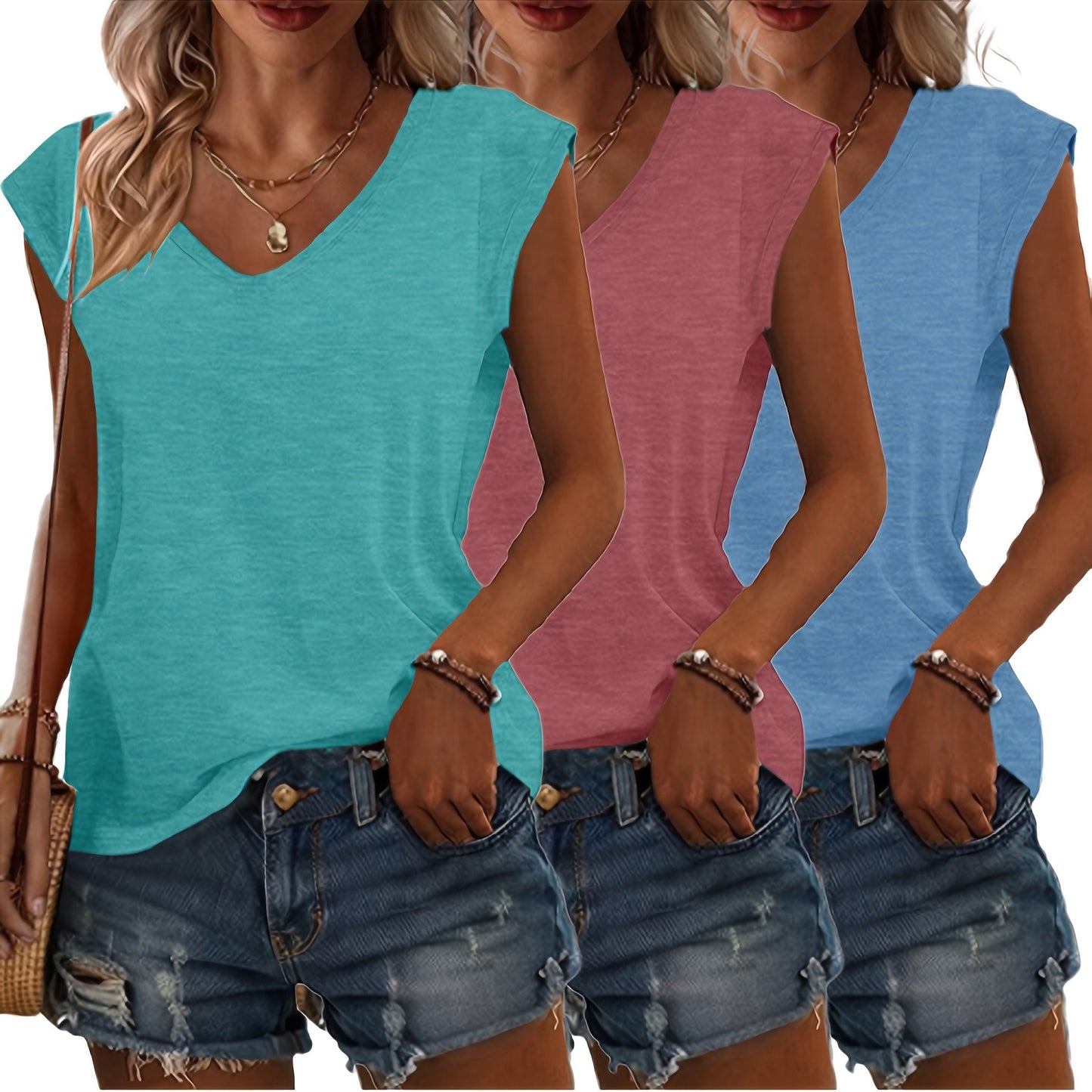 T-Shirt Damen | Lässige Sommermode mit V-Ausschnitt im 3er-Pack | Monika