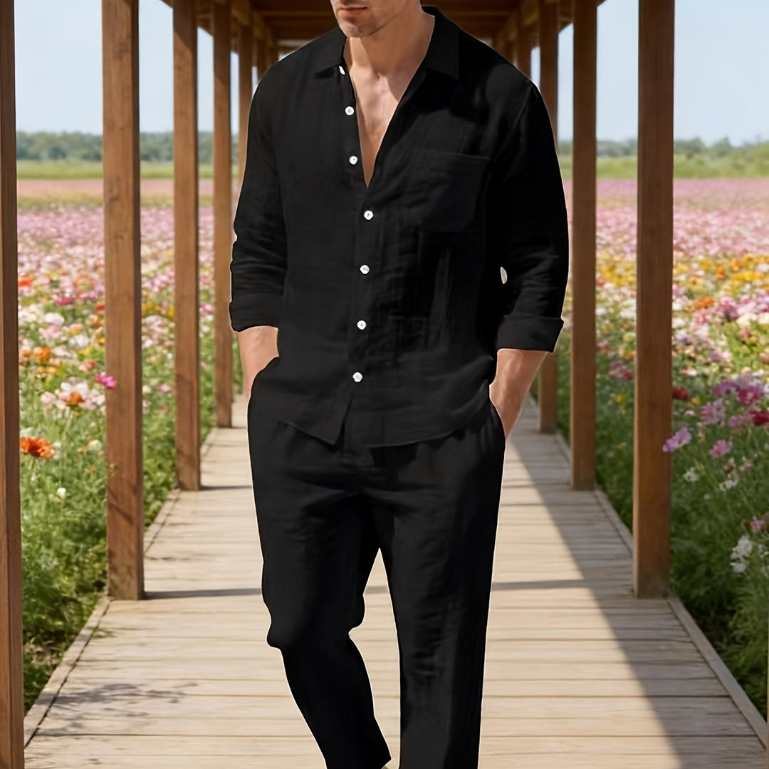 Herren Zweiteiler | Langarmhemd mit Kordelzughose | Bequeme Passform | Resort-Look