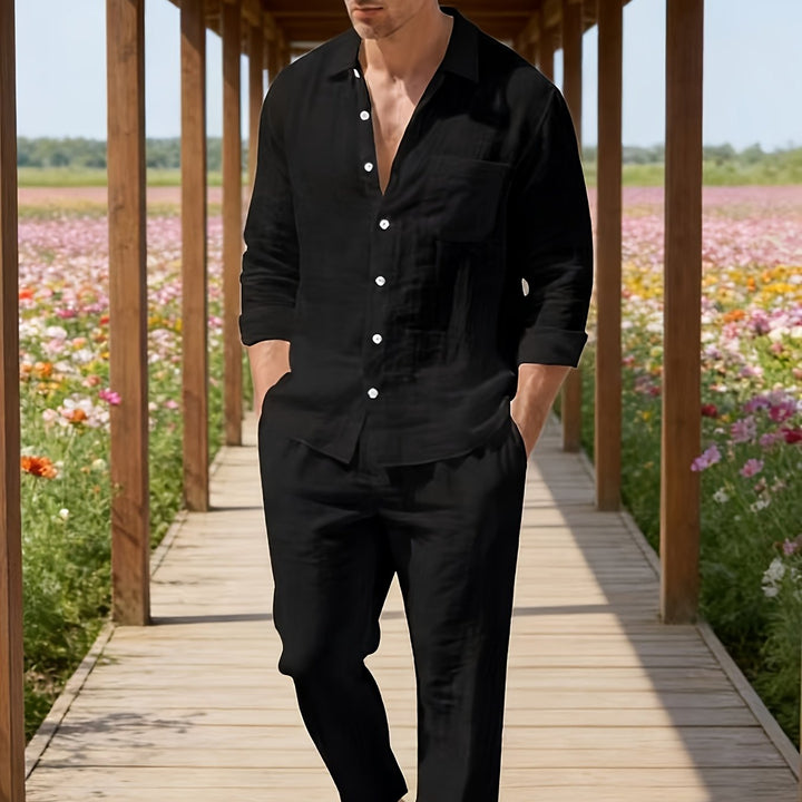 Herren Zweiteiler | Langarmhemd mit Kordelzughose | Bequeme Passform | Resort-Look