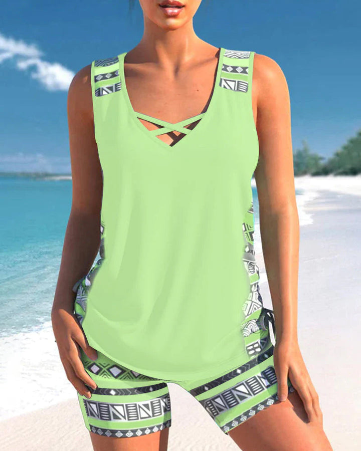 Women's Tankini Set Sleeveless Cross Detail Neckline Shorts Set | Sport