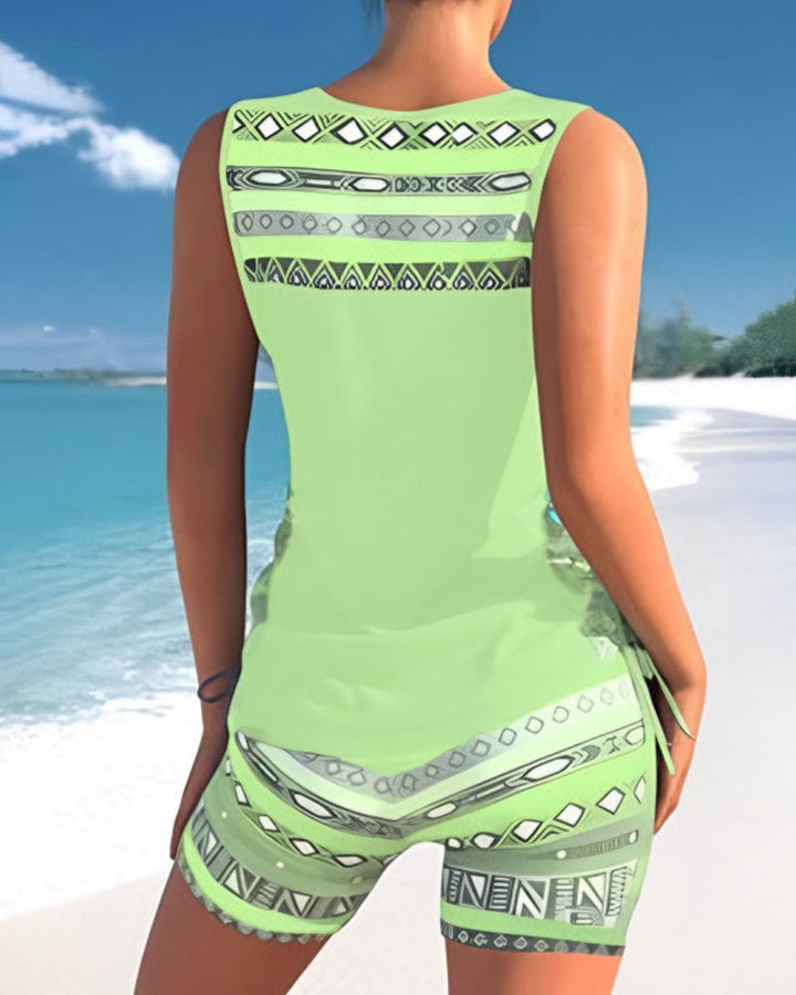 Women's Tankini Set Sleeveless Cross Detail Neckline Shorts Set | Sport