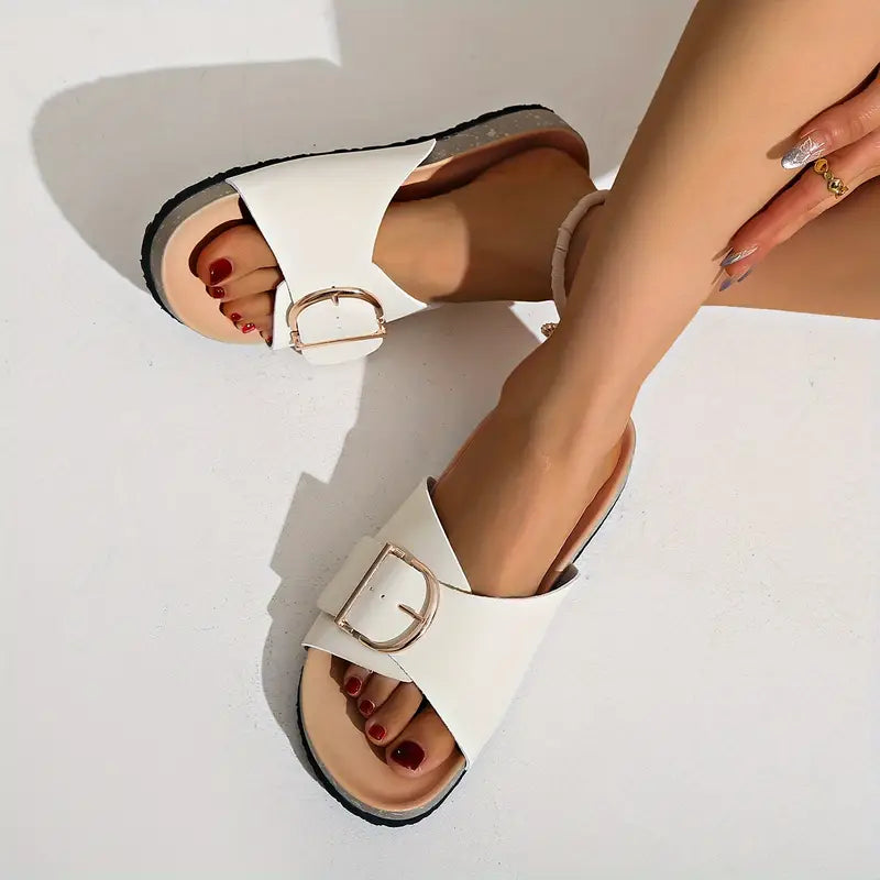 Damen Sandalen Schnallenriemen Offene Zehen Flache Pantoletten | Schnalle