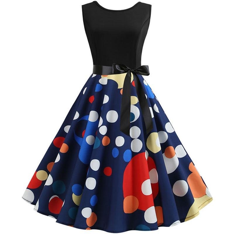 Robe sans manches ajustée et évasée pour femme | Jupe à pois