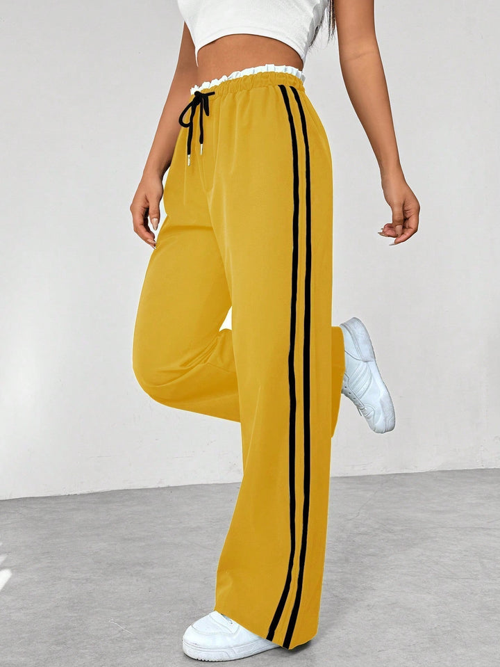 Damen High Waist Freizeithose mit Seitenstreifen und weitem Bein | Relaxed Fit