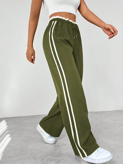 Pantaloni casual da donna a vita alta con strisce laterali e gamba larga | Taglio ampio