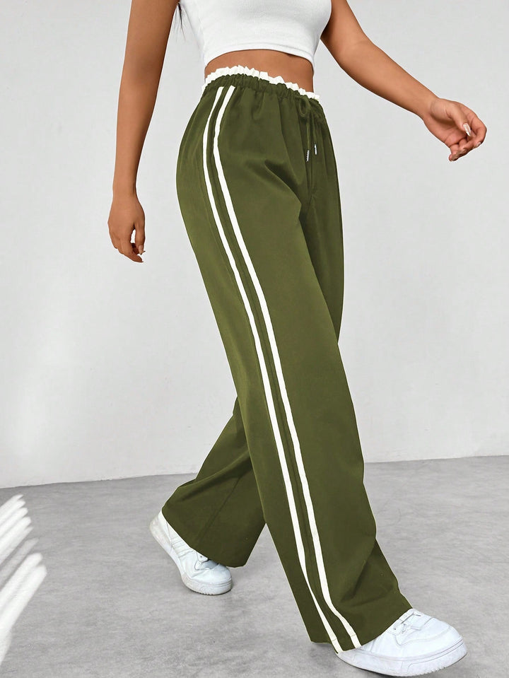 Damen High Waist Freizeithose mit Seitenstreifen und weitem Bein | Relaxed Fit