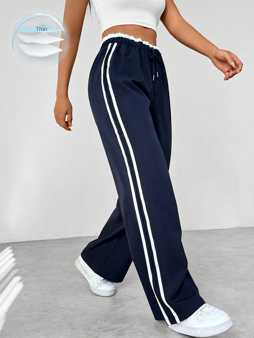 Damen High Waist Freizeithose mit Seitenstreifen und weitem Bein | Relaxed Fit