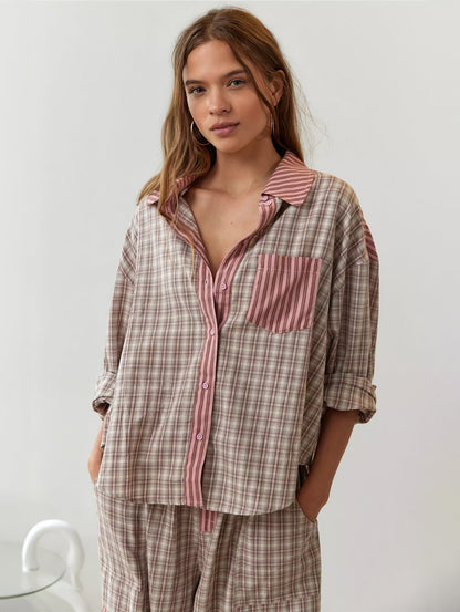 Set di abbigliamento casual da donna | Camicia a maniche lunghe e pantaloni ampi | Comfort per momenti di relax