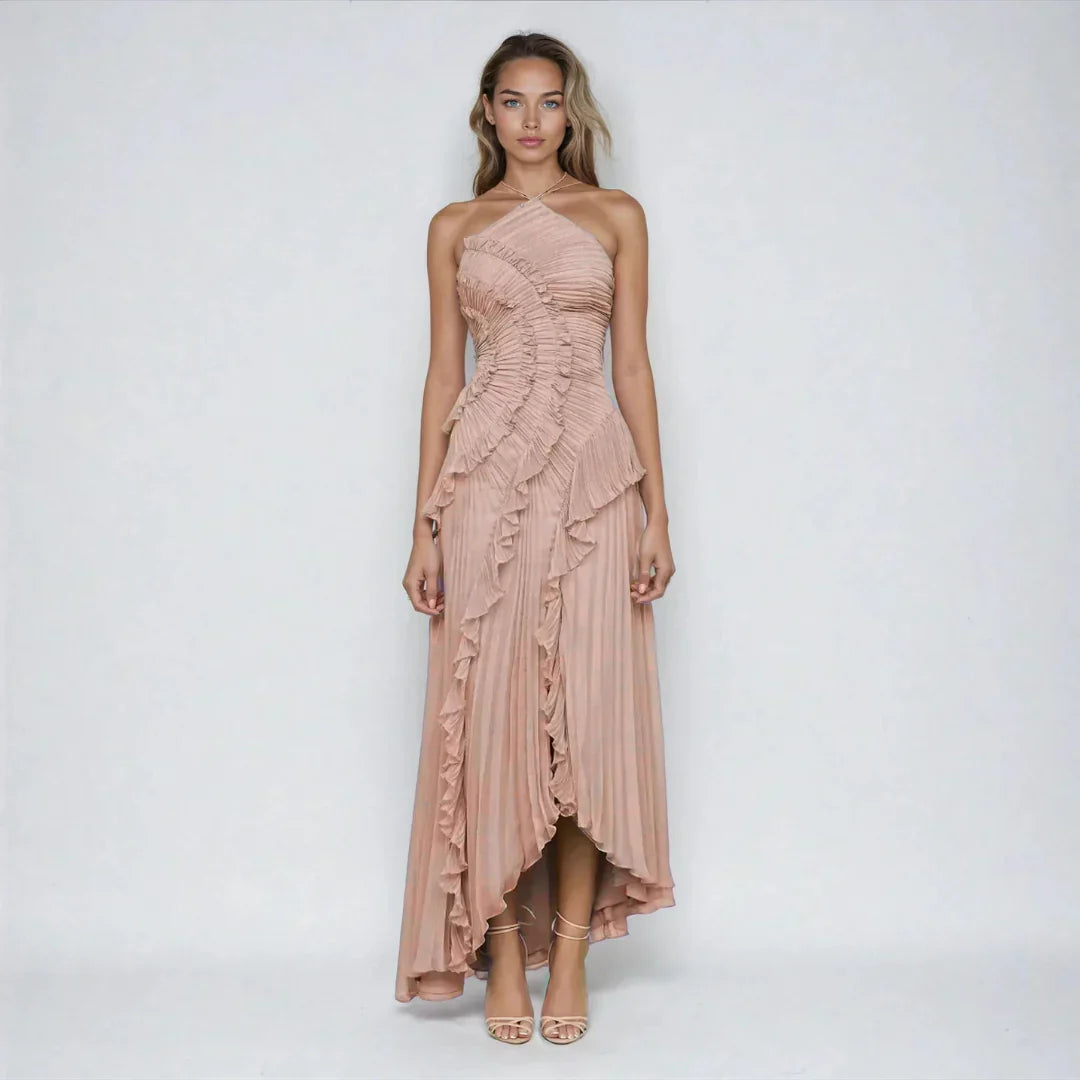 Damen Halterneck Maxikleid mit Falten Rüschen asymmetrischem Schnitt | Maxi