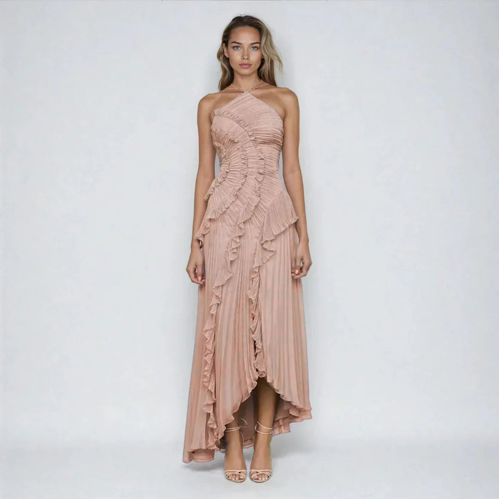 Damen Halterneck Maxikleid mit Falten Rüschen asymmetrischem Schnitt | Maxi