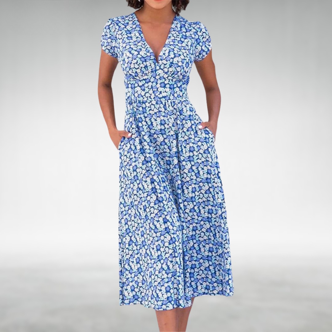Abito midi da donna | Design floreale e scollo a V | Stile femminile per tutti i giorni