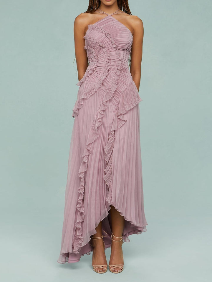 Damen Halterneck Maxikleid mit Falten Rüschen asymmetrischem Schnitt | Maxi