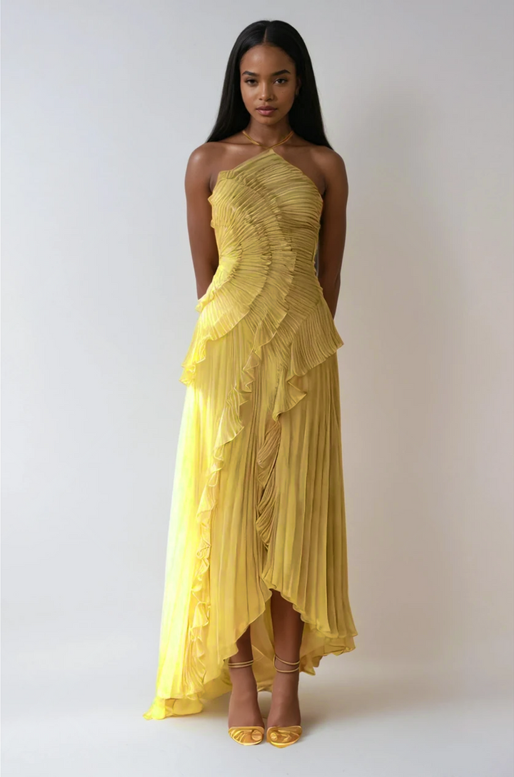 Damen Halterneck Maxikleid mit Falten Rüschen asymmetrischem Schnitt | Maxi