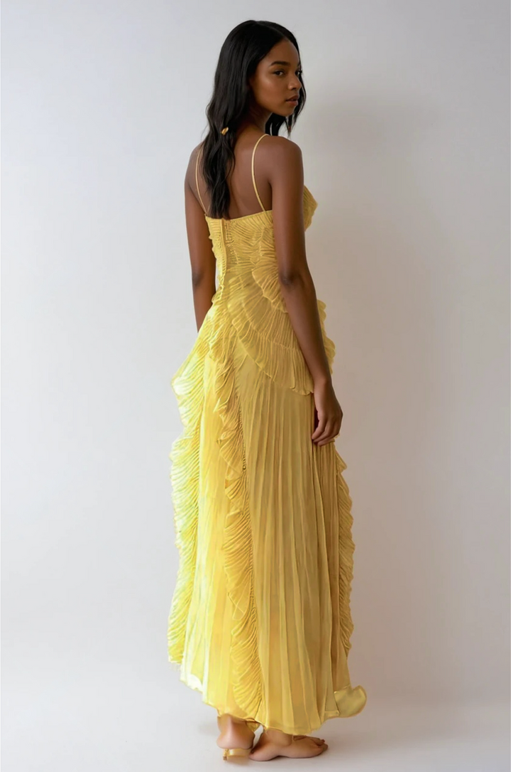 Damen Halterneck Maxikleid mit Falten Rüschen asymmetrischem Schnitt | Maxi
