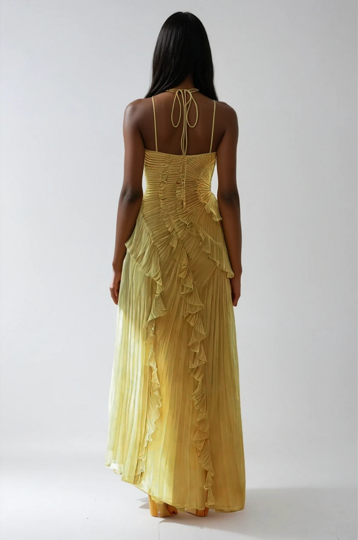 Damen Halterneck Maxikleid mit Falten Rüschen asymmetrischem Schnitt | Maxi