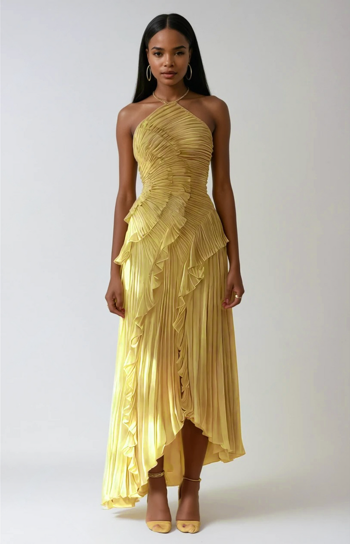 Damen Halterneck Maxikleid mit Falten Rüschen asymmetrischem Schnitt | Maxi