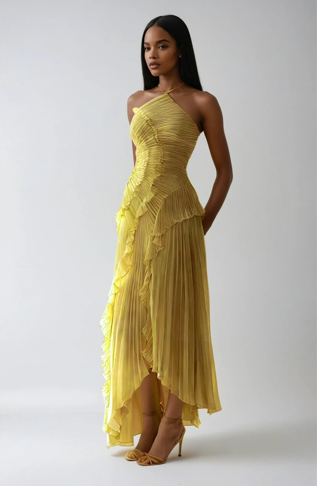 Damen Halterneck Maxikleid mit Falten Rüschen asymmetrischem Schnitt | Maxi