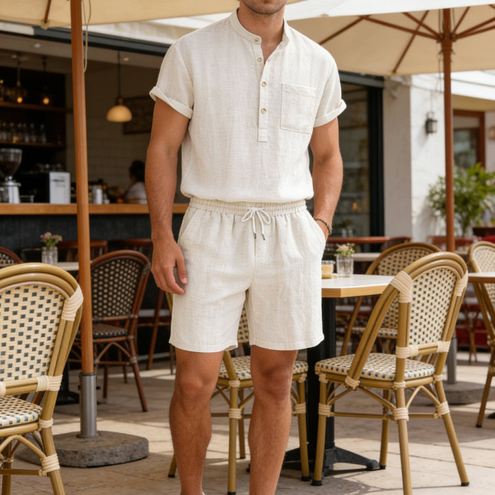 Herren Sommer Set | Relaxed Fit Zweiteiler | Kurzarm Henley Shirt und Shorts | Lässiger Freizeitstil