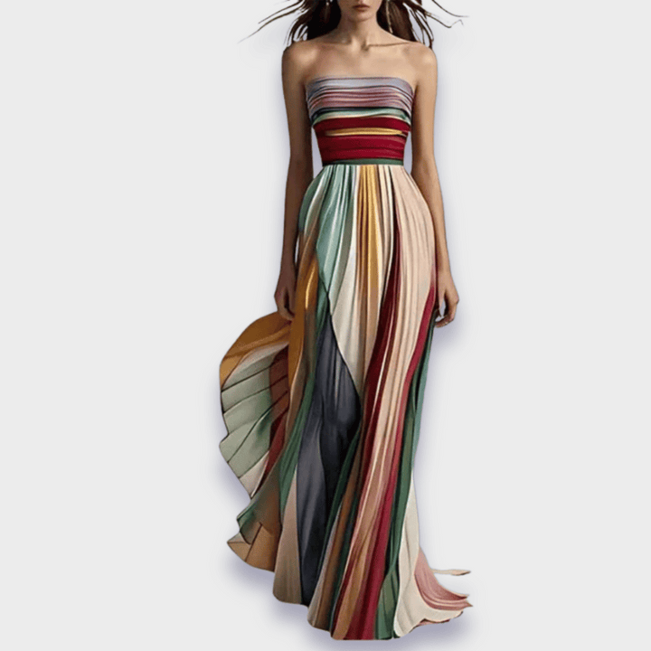Damen Maxikleid | A-Linien Passform mit Bandeau-Ausschnitt | Mehrfarbiges Streifendesign | Sommerlicher Anlasslook