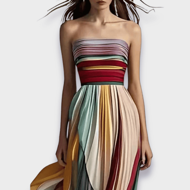 Damen Maxikleid | A-Linien Passform mit Bandeau-Ausschnitt | Mehrfarbiges Streifendesign | Sommerlicher Anlasslook