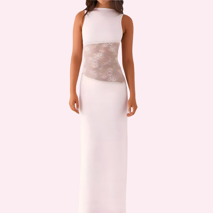 Damen Trägerloses Spitzen Einsatz Maxi Kleid | Figurbetontes Strand Abendkleid