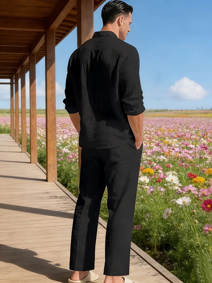 Herren Zweiteiler | Langarmhemd mit Kordelzughose | Bequeme Passform | Resort-Look