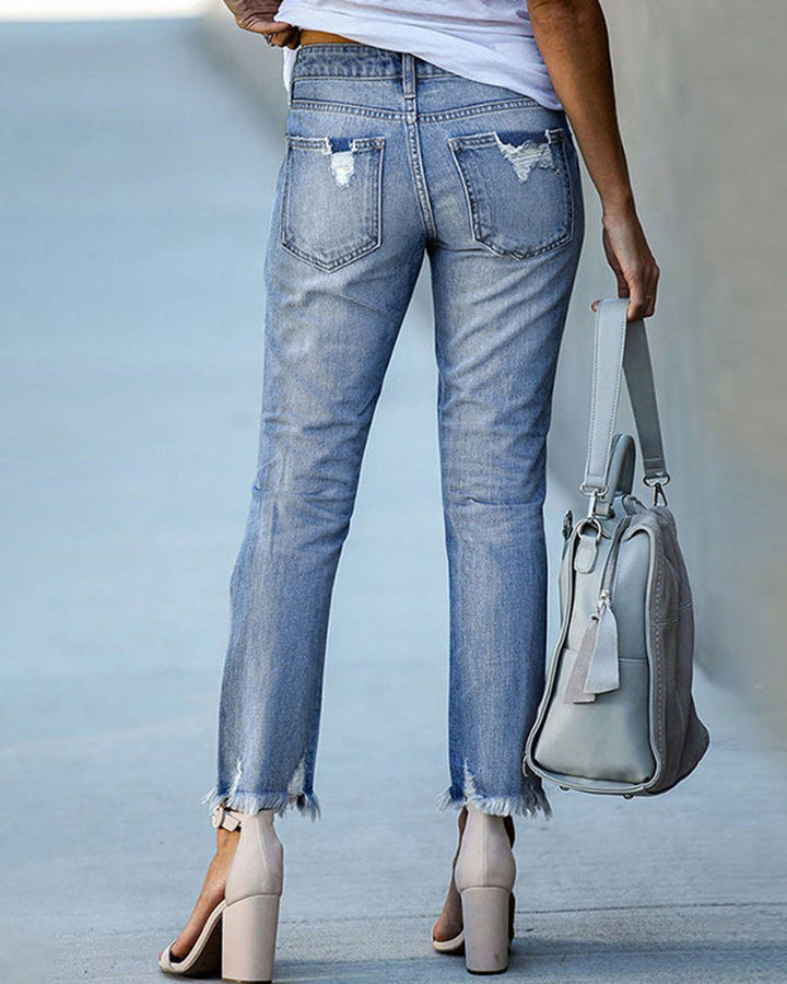 Damen Gerade Passform Hose mit Mittlerem Bund | Riss Design