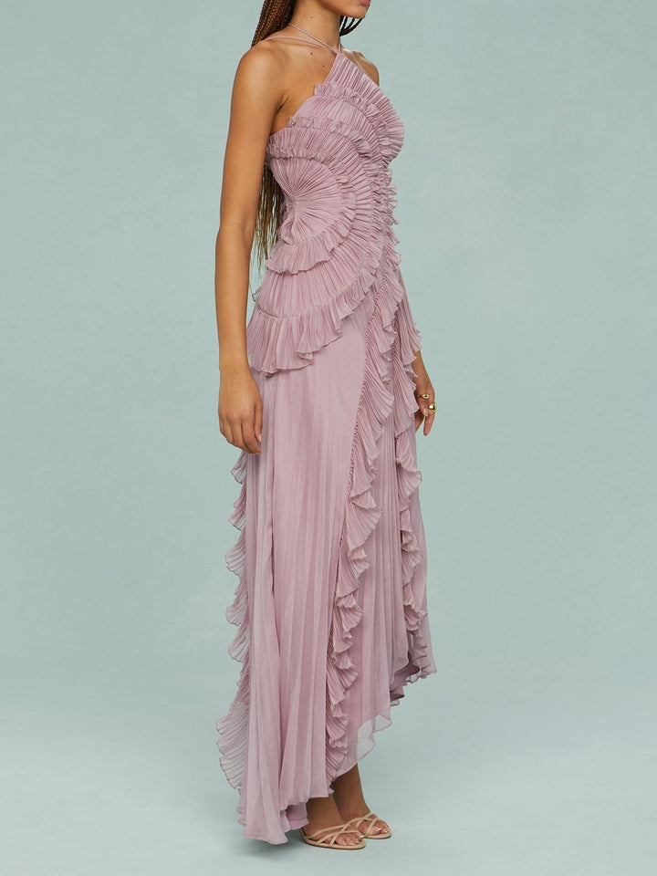 Damen Halterneck Maxikleid mit Falten Rüschen asymmetrischem Schnitt | Maxi