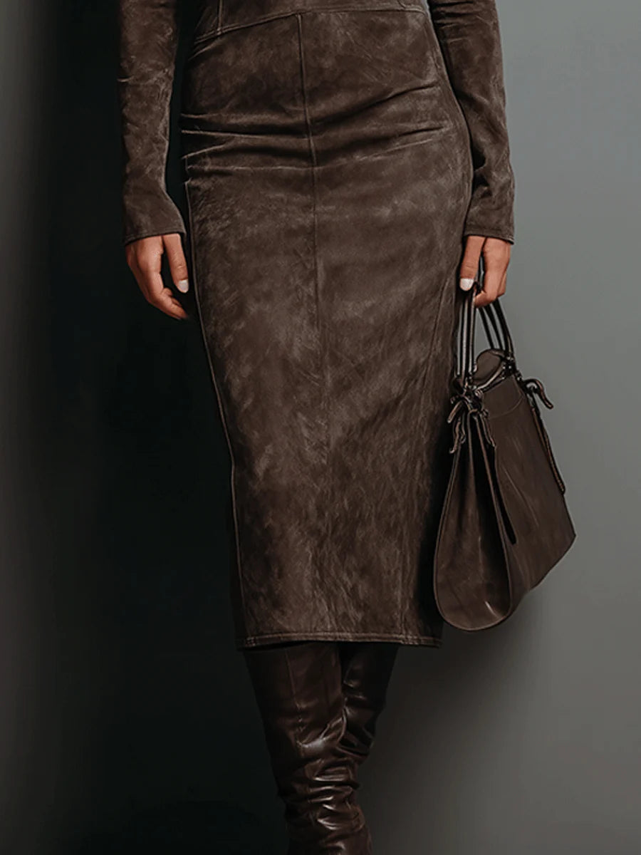 Lorena | Women's High Collar Suede Midi Dress
