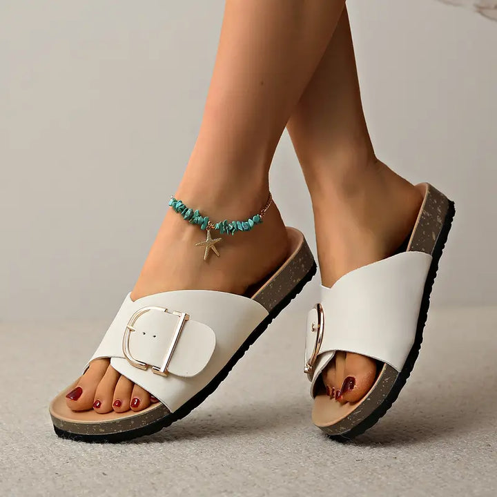 Damen Sandalen Schnallenriemen Offene Zehen Flache Pantoletten | Schnalle
